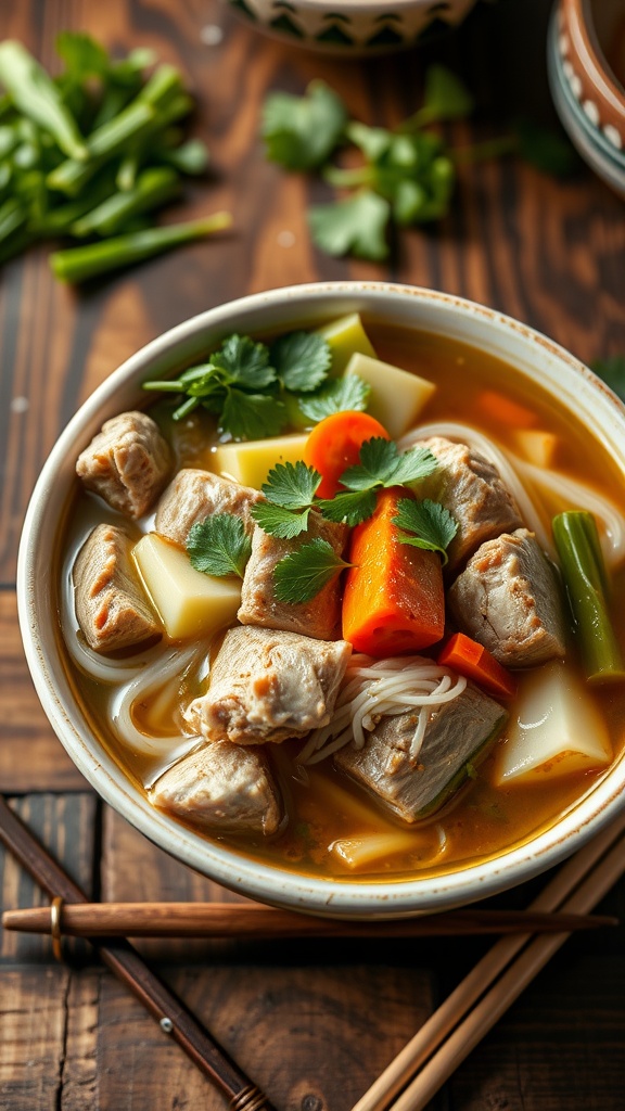 A delicious bowl of pork noodle soup with bok choy and carrots, garnished with cilantro and green onions, on a wooden table.